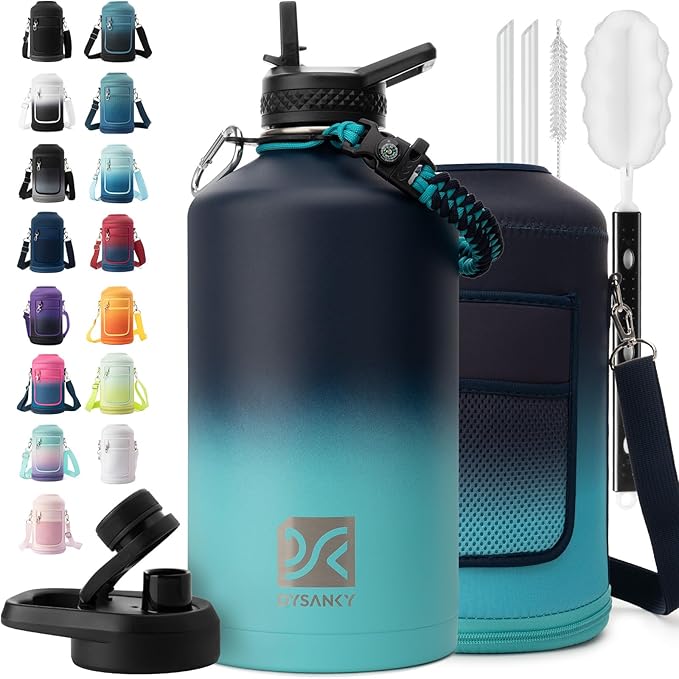 1 Gallon Water Bottle Insulated | Thickened Stainless Steel Vacuum Metal Water Jug | Portable Sports Large for Gym and Hiking with Straw, Carrier Bag, Handle Strap | BPA-Free 128 oz