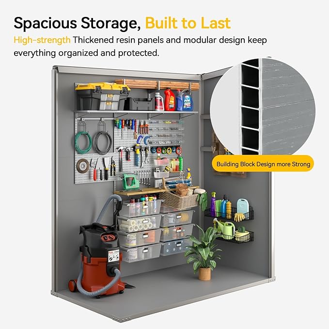 Aoxun 5x3 FT Outdoor Storage Shed, Plastic Garden Resin Shed with Floor for Patio, Lawn, Outdoor Storage Cabinet with Lockable Door for Bike, Garbage Can, Tools, Grey