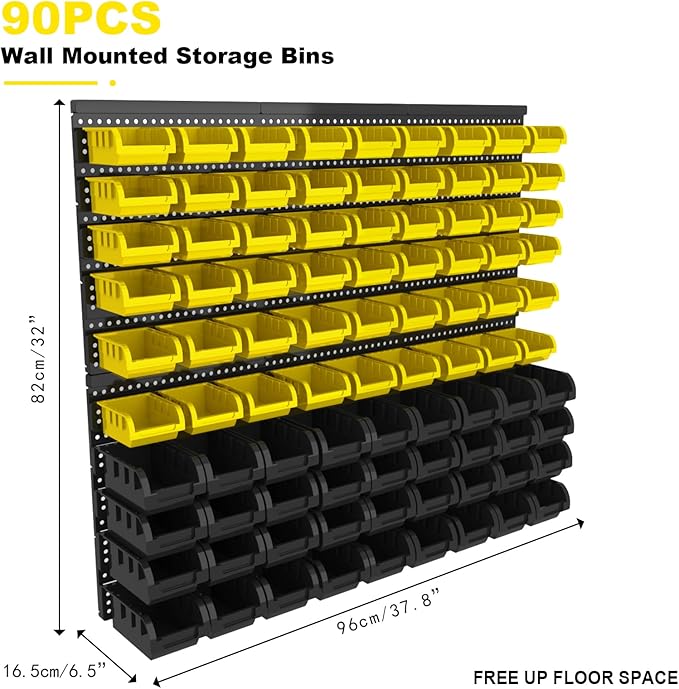 Wall Mounted Storage Bins - Plastic Adjustable Compartment Organizer for Screws, Nuts, Bolts & Tools | Heavy-Duty Home & Garage Organization | Closet, Bedroom, Workshop Wall Storage Rack, 90PCS