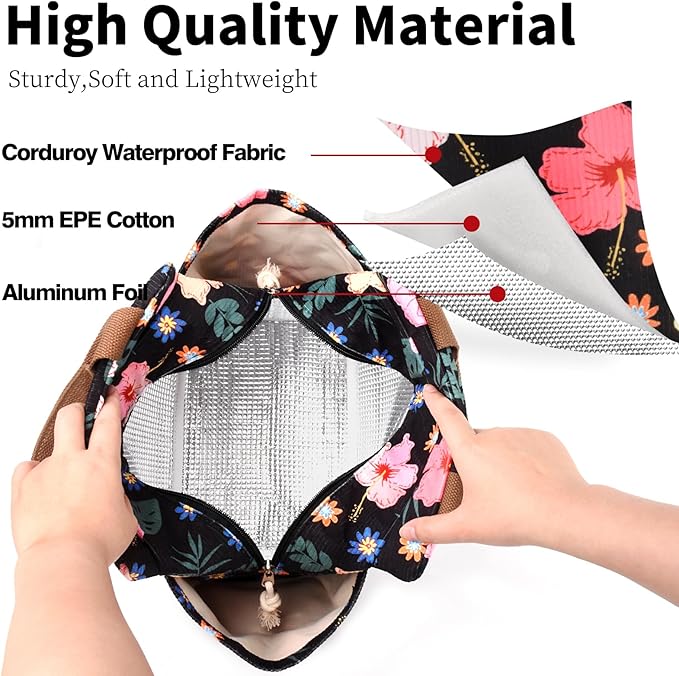Lunch Box for Women, Large Capacity Lunch Bag Women with Bottle Holder & Side Pockets,Cute lunch box Insulated Lunch tote bag for Work Office Travel Picnic (Flower)