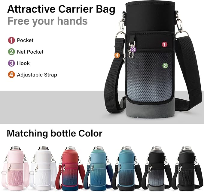 Insulated Water Bottle | Thickened Stainless Steel Vacuum Metal Portable Sports Water Jug for Gym and Hiking with Straw, Carrier Bag, Handle Strap | BPA-Free 40 oz