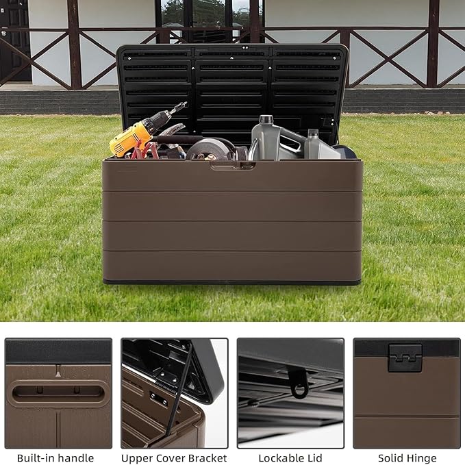Outdoor Storage Deck Box Waterproof, 100 Gal Pro Large Lockable Patio Storage Bin Chest, Resin Outside Container Seat Bench for Furniture Cushions, Pool Accessories, Garden Tools & Delivery, Brown