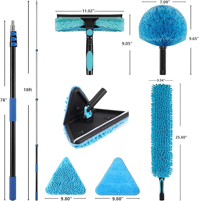 25 Foot Wall Cleaner Mop with 18 Ft Heavy Duty Extension Pole, 3-in-1 High Ceiling Cleaning Tool with 4 Microfiber Chenille Pad, Cobweb Duster, Fan, Baseboard, Window Squeegee Kit (18ft)