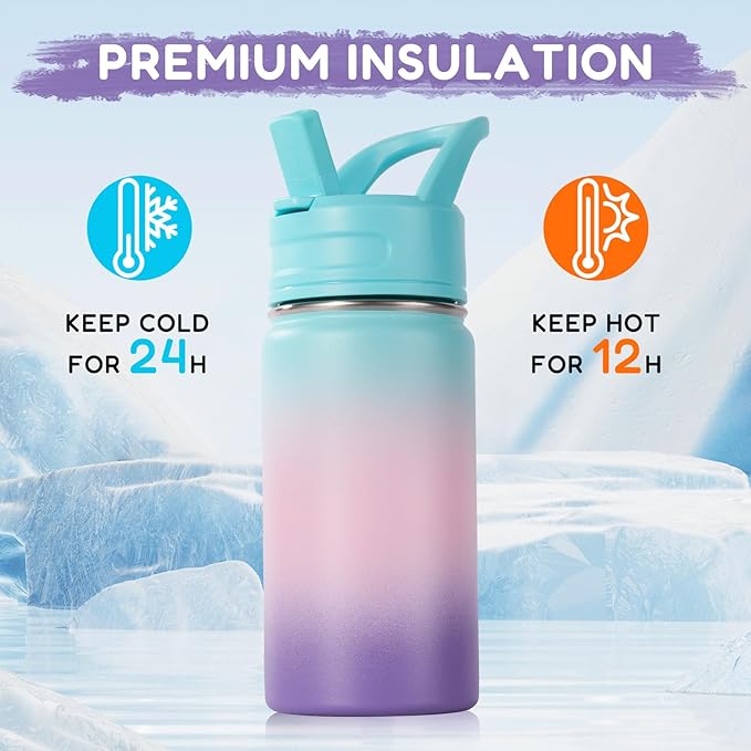 12oz Kids Water Bottle for School, Toddler Water Bottles with Straws, Insulated Water Bottles for Boys&Girls, Stainless Steel Vacuum Insulated Bottle for Kids, Leak-Proof, BPA-Free, aurora