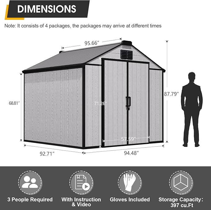 MELLCOM 8 x 8 FT Resin Outdoor Storage Shed with Floor, Outdoor Storage Tool Shed with Windows and Lockable Door, Resin Garden Shed for Lawnmower, Pool Supply, Bike