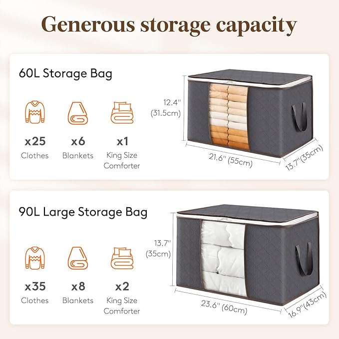 Lifewit 6 Pack 60L Clothes Storage Bins with Lids, Foldable Blanket Storage Bags with Zippers, Clear Window and Reinforced Handles, Closet and Organization for Clothing, Sweater, Comforter, Bedding