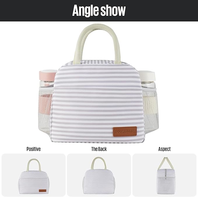 Lunch Bag Women/Men Lunch Box Women/Men (Grey+White Stripes)