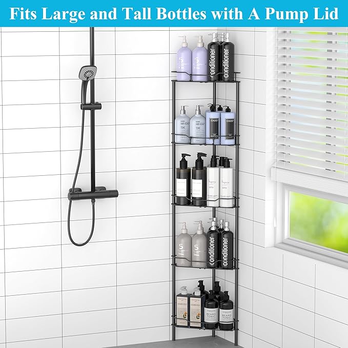 5 Tier Floor Standing Corner Shower Caddy Organizer Shelf with Hooks, Bathroom Shelves Stand Rack, Matt Black