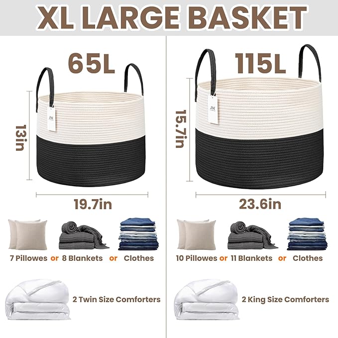 65L Extra Large Blanket Basket for Living Room - Woven Cotton Rope Laundry Hamper with Reinforced Handles - Storage Bin for Pillows, Comforters & Toys - Machine Washable,White&Black