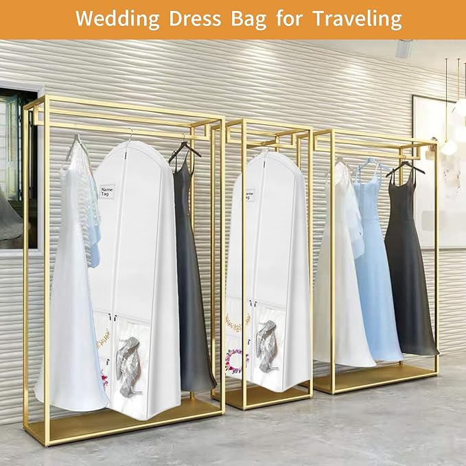 72" Wedding Dress Garment Bag with 10'' Gusseted Dress Bags for Gowns Long 4 Pockets Dress Cover for Women, White