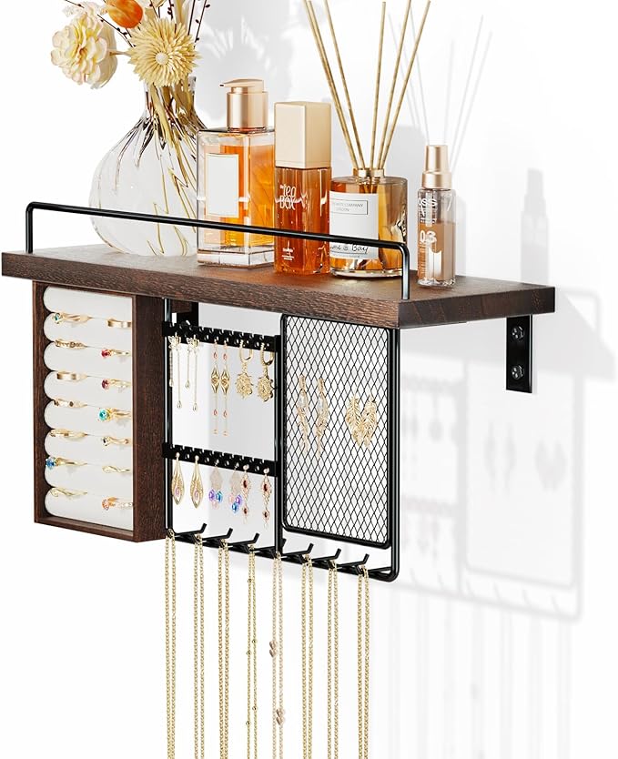 Lolalet Wall Mounted Hanging Jewelry Organizer with Wood Shelf, Wall Jewelry Holder with Hooks for Ring Earring Bracelets Necklaces Display -Brown