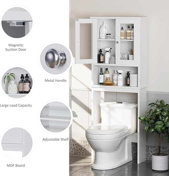 Meilocar Over The Toilet Storage Cabinet for Bathroom, White Storage Organizer Over Toilet, Space Saver with Tempered Glass Doors, White