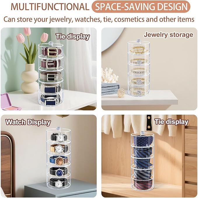 Belt Organizer, 5-Tier Acrylic Belt Storage & Holder for Closet, Clear Acrylic Display Case with Dust Cover for Belts