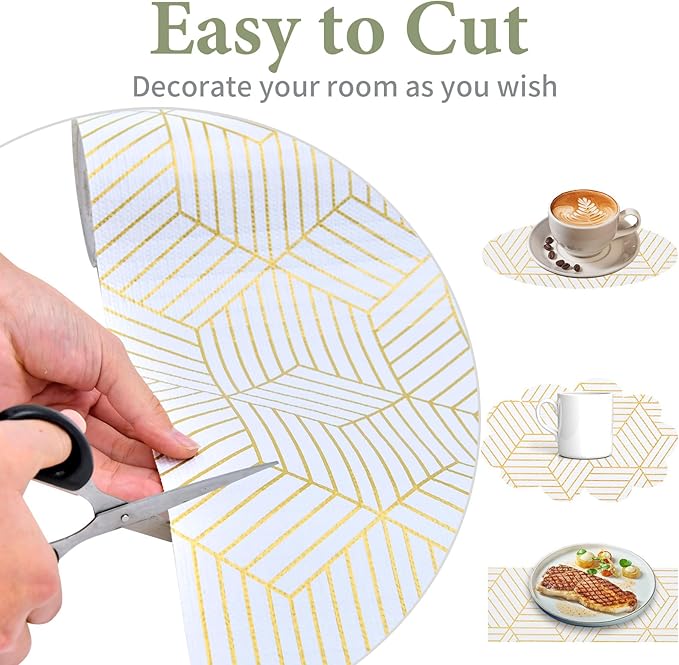 Shelf Liners for Kitchen Cabinets 17in x 40FT, Non Adhesive Cabinet Liner Strong Non-Slip Thickened Gold Geometric Drawer Liner, Easy to Clean for Shelf, Cabinet with Knife and Tape Measure