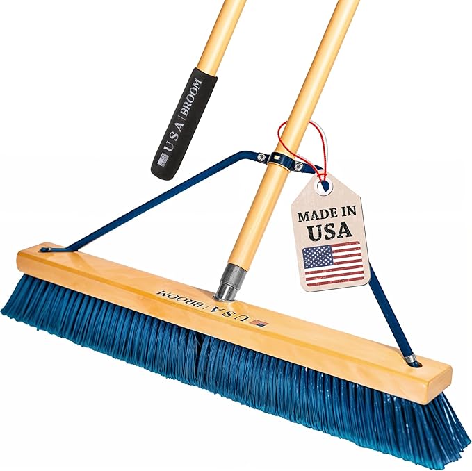 1-Pack - 24" Blue Everyday Sweep Indoor/Outdoor Push Broom with 60" Handle. Ideal for Garages & Shops. Durable American Made Steel Brackets-All Stainless Steel Hardware. No Plastic. 100% USA Made