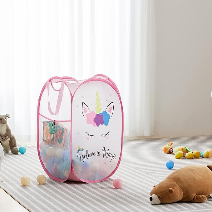 TECHMILLY Collapsible Mesh Pop Up Laundry Hamper with Sturdy Handles and Side Pocket - Portable Foldable Clothes Baskets for Dorm, Bathroom & Travel Storage (Unicorn, 3 Packs)