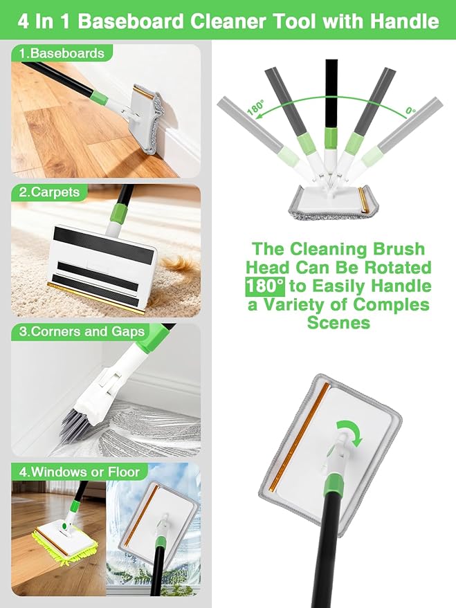 4-in-1 Baseboard Cleaning Tool with Handle 5 Reusable Pads 1 Stiff Bristle Brush Carpet Rake for Pet Hair Removal Baseboard Cleaner Carpet Windows Wall Floor Bathroom Kitchen
