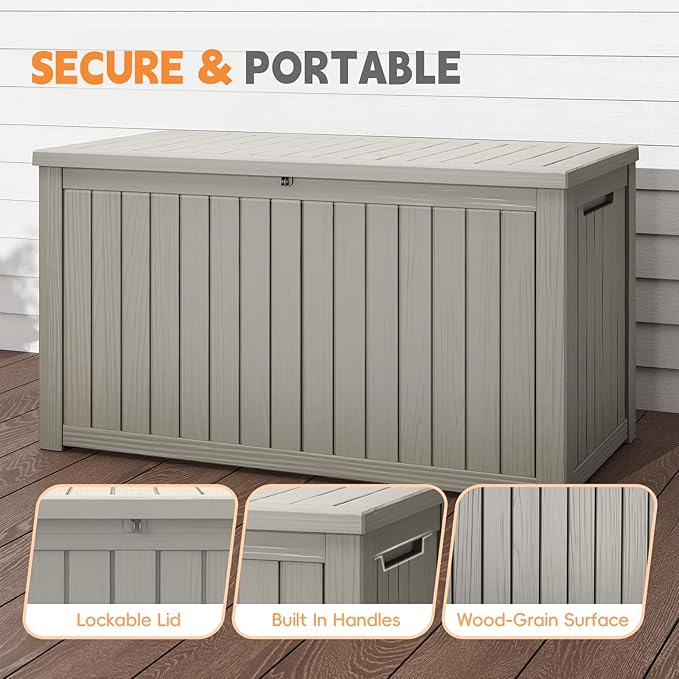 Outdoor Storage Box, 200 Gallon Waterproof Resin Deck Box, Storage Bin for Package Delivery, Patio Furniture Cushion, Garden Tools, Pool Accessories, Weatherproof and UV Resistant, Grey