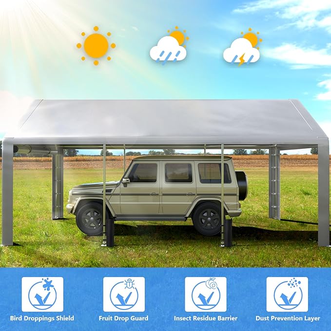 Carport 13x21 FT Enclosed Carport with Roll-up Windows, Portable Garage with Removable Sidewalls & Doors, Car Canopy Tent with Sandbags All-Season Tarp for Car Boat Truck Motorcycle