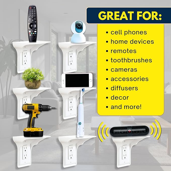 BeraTek Power Perch Wall Outlet Shelf with Cord Storage Strap - Declutter & Reclaim Counter Space - Top Uses: Charging Shelf, Echo Dot Stand, Apple HomePod Mini Wall Mount - White, 2-Pack
