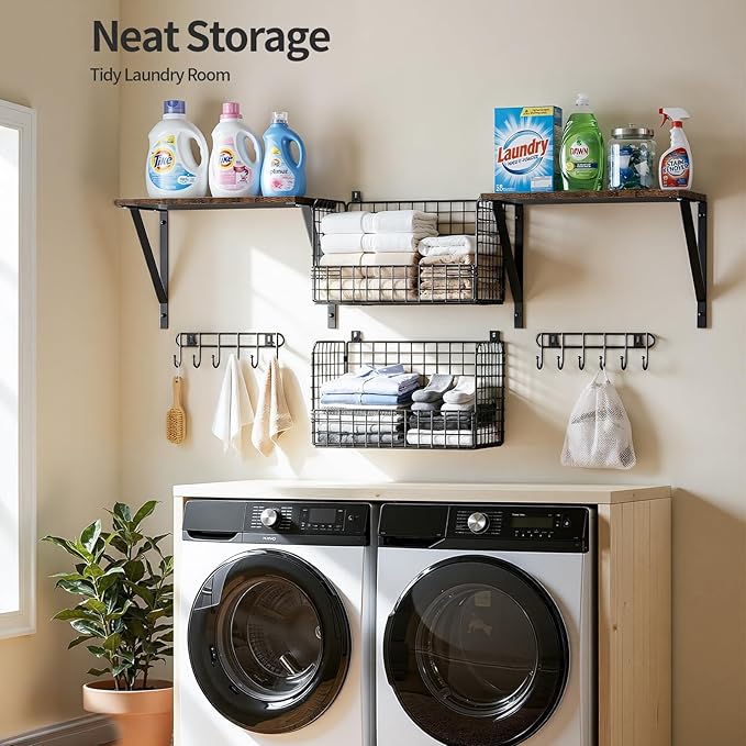 Housolution Garage Shelving Wall Mounted, Heavy-Duty Garage Wall Shelving with Baskets & Hooks Supports up to 154 LBS in Total, Tool Storage Organizer for Home, Garden, Kitchen, Laundry Room