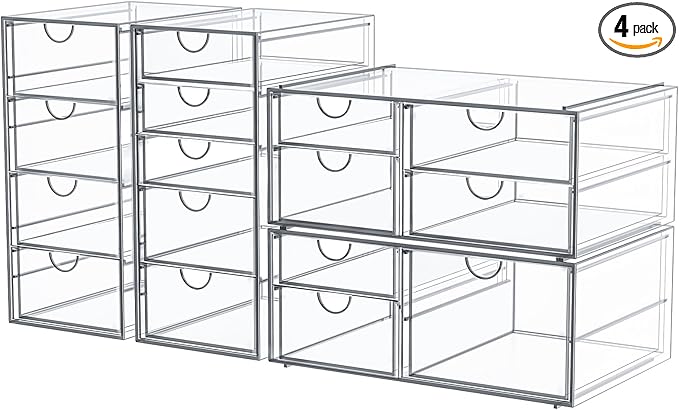 Makeup Organizer Storage with 16 Drawers, 4 Pcs Desktop Office Supplies, Desk Organizers, Clear Accessories, Dustproof Storage Drawer and for Make Up, Jewelry, Pen, Stationary