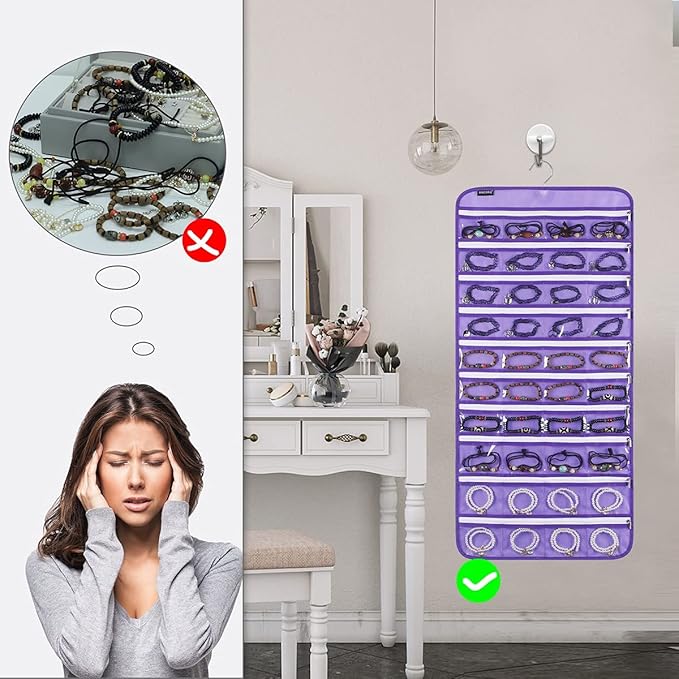 Dualsided Hanging Jewelry Organizer with 40 Zippered Pockets and 20 Hook Loops Necklace Holder Jewelries Organizer for Earrings Bracelets Rings with 360 Degree Rotating Hanger (40 Zippered