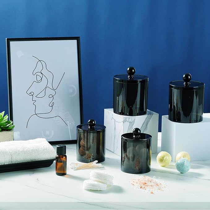 SheeChung 12 Pack Qtip Holder,Black Acrylic Apothecary Jars with Lids & Labels - (6) 10oz & (6) 12oz Qtip Holder Set,Plastic Bathroom Canisters,Minimalist Shatterproof Home Bathroom Storage Organizer