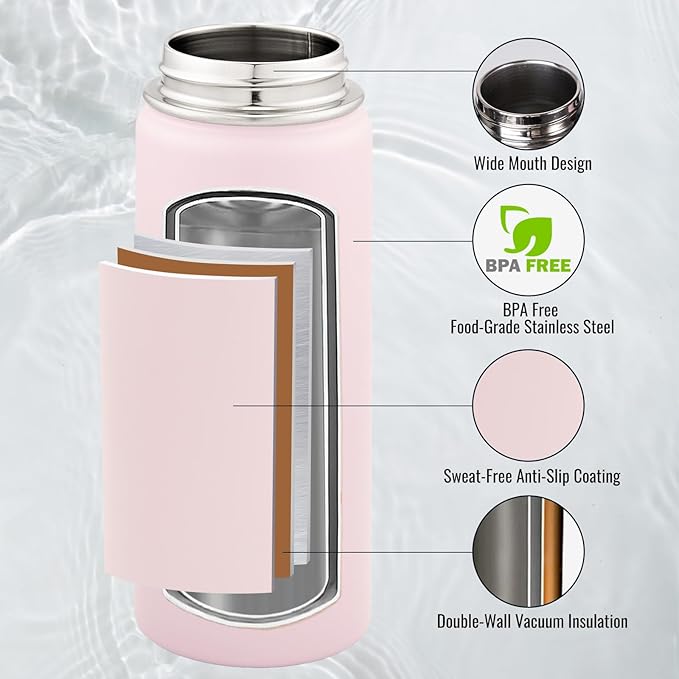 18 oz Insulated Water Bottle with Handle, 304 Stainless Steel Water Bottles with Wide Mouth, Double Wall Vacuum Sports Water Bottle, BPA Free, Keep Cold and Hot, Pink