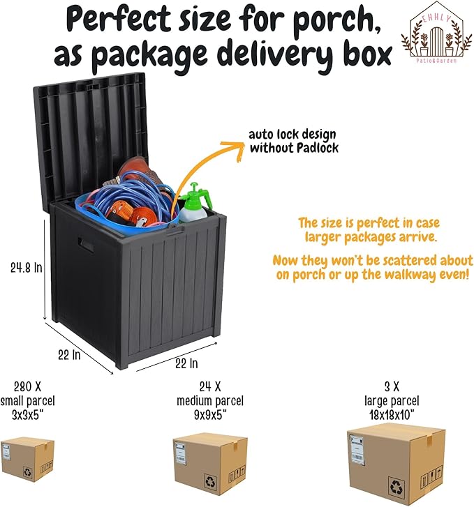 EHHLY Deck Box, 51 Gallon Package Bin Delivery Box for Outside Front Porch, Small Patio Outdoor Storage Boxes Waterproof, UV Resistant Plastic Resin Pool Storage Bins with lids, Grey