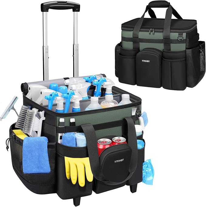 Ytonet XXL Cleaning Caddy with Wheels, Large Rolling Cleaning Caddy Bag with Detachable Trolley for Housekeepers, Water Resistant Cleaner Supplies Organizer with Wheels for Kitchen, Tool Organizer