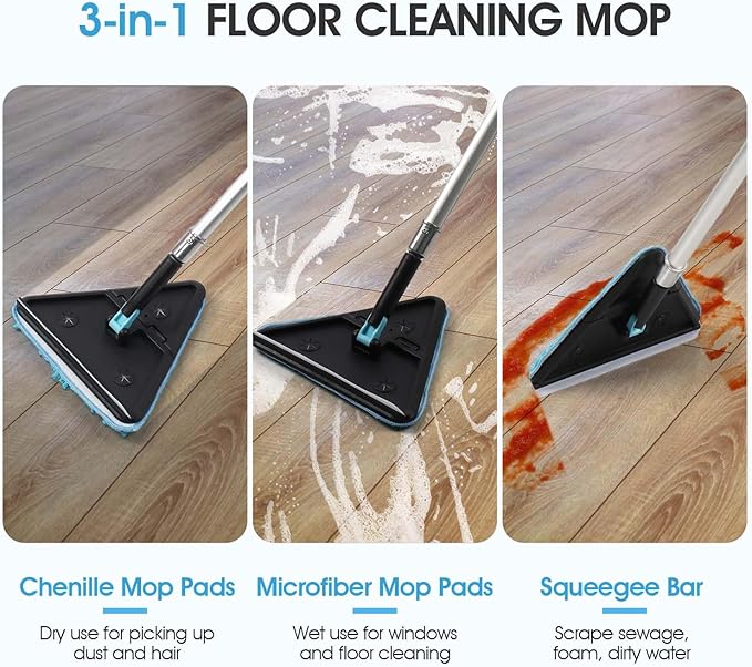 25 Foot Wall Cleaner Mop with 18 Ft Heavy Duty Extension Pole, 3-in-1 High Ceiling Cleaning Tool with 4 Microfiber Chenille Pad, Cobweb Duster, Fan, Baseboard, Window Squeegee Kit (18ft)