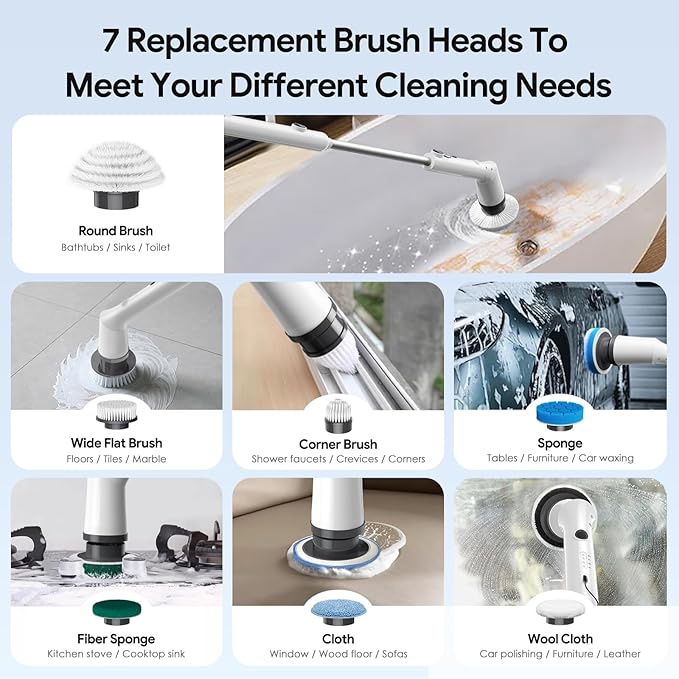Electric Spin Scrubber, 2026 New Cordless Cleaning Brush, Shower Cleaning Brush with 7 Replaceable Brush Heads, Power Scrubber 3 Adjustable Speeds, Detachable Long Handle & IPX7 Waterproof