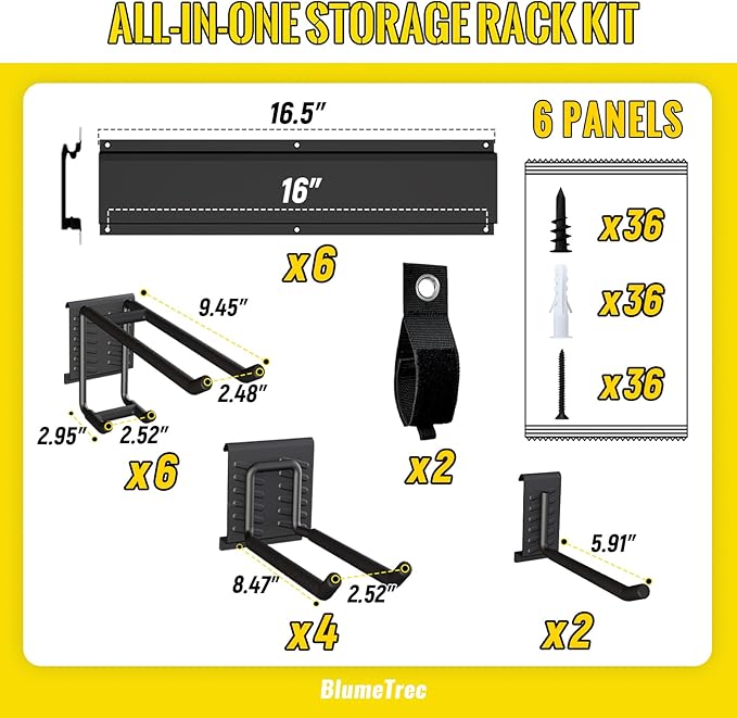 Garage Tool Organizer Wall Mount, 96" Heavy-Duty Metal Wall Organizer, 6 Rails with 12 Adjustable Hooks, Garden Storage Rack for Organization, Sturdy Tool Hanging Holder for Shovel Shed Yard