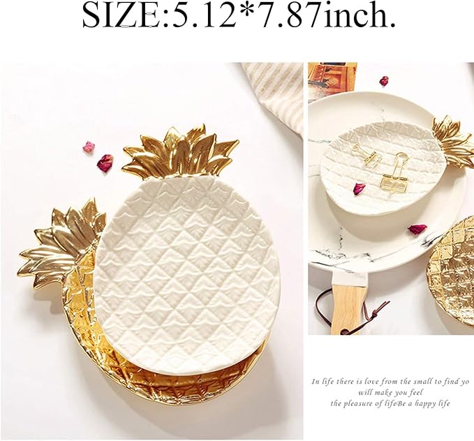 Ceramic Jewelry Pineapple Trays,Electroplated Golden Pineapple Plate,Home Decor Dish Wedding Birthday (White)