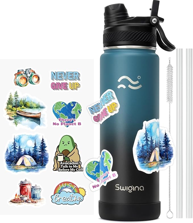 [2-IN-1 LID] Insulated Water Bottle with Silicone Boot (36hrs Cold/18hrs Hot) - DIY Stickers, Leakproof, BPA Free, 24 oz