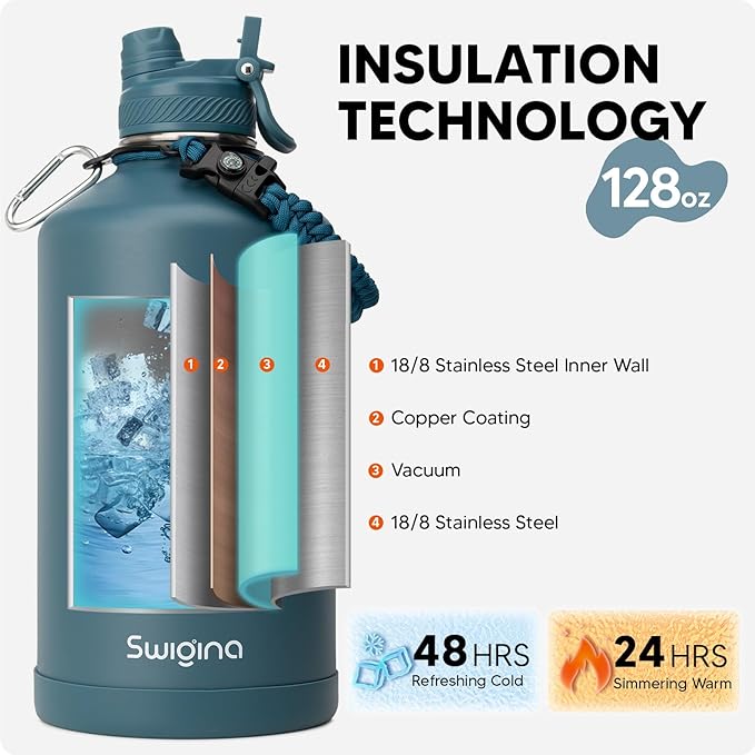 [2-IN-1 LID] Gallon Insulated Water Bottle with Silicone Boot (48hrs Cold/24hrs Hot) - DIY Stickers, Leakproof, BPA Free, 128 oz