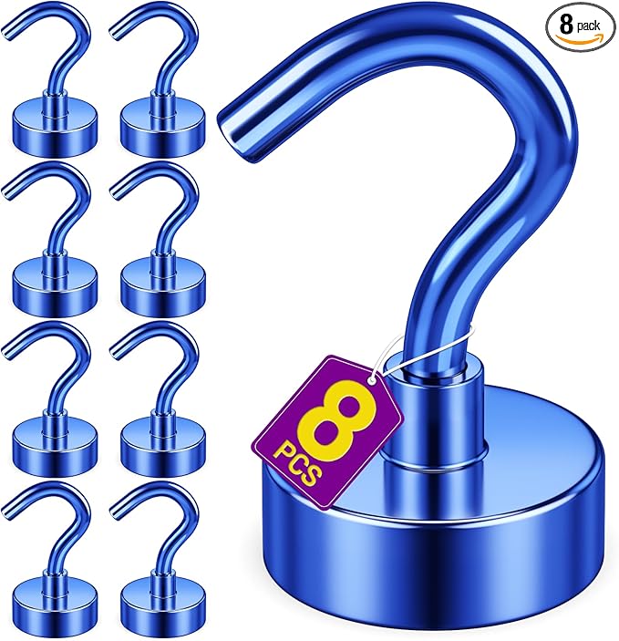 Magnetic Hooks, 25lb Heavy Duty Magnets with Hook, Strong Magnetic Hook Heay Duty for Cruise Cabins, Grill, Classroom, Garage, Household Essentials (Blue, Pack of 8)