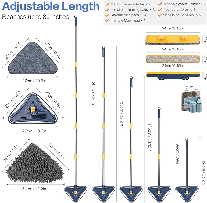 80" Wall Cleaner Mop with Long Handle, Sunoyar 5-in-1 Walls Washer for Baseboard Duster Ceiling Painted Wall, 360°Rotation Wall Cleaning Tool Kit with Squeegee Chenille Microfiber Pad Brush Scraper