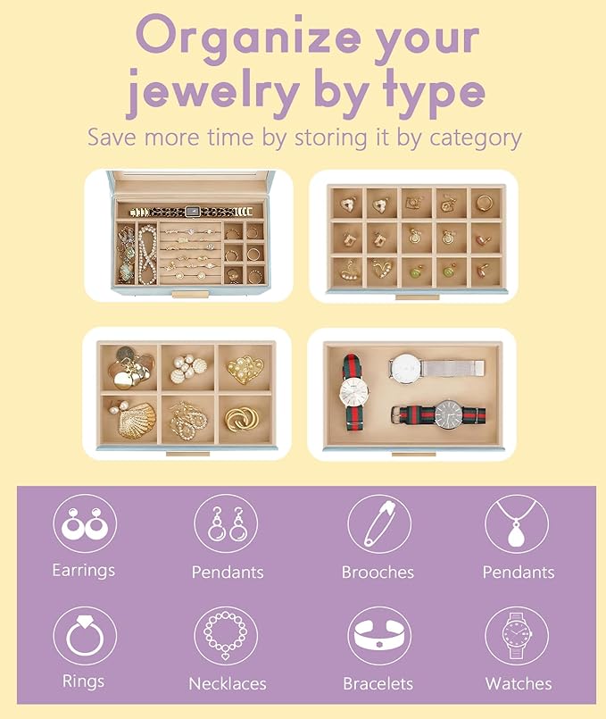 5 Layer Jewelry Box for Women, Glass Lid Jewelry Organizer with 5 Drawers for Necklaces Rings Earrings Bracelets - White (Gray blue)