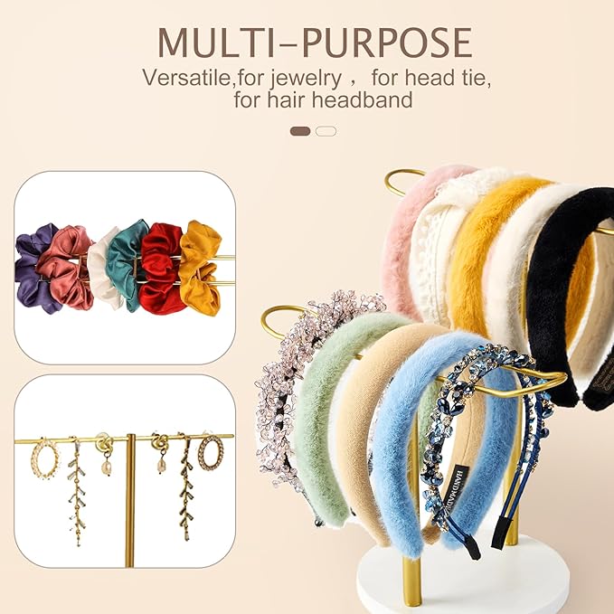 MoyRetty Headband Holder(Wooden Base), 2-Tier Metal Organizer Hair Hoop Display Stand Storage Hair Ropes Bow Accessories Bracelets Bangles Bedroom College Dorm Decor for Girls Women-Gold