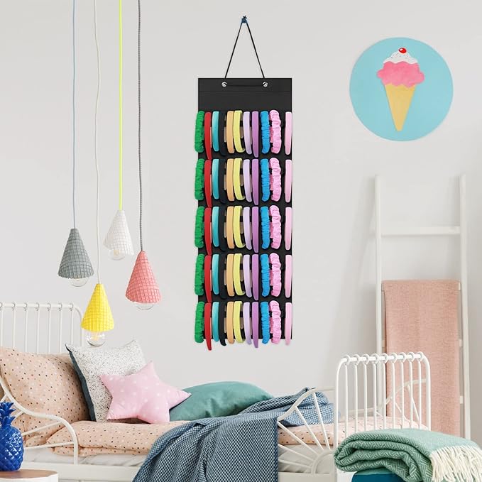 Tudomro Hanging Headband Holder for Girls Felt Hair Accessories Organizer with 60 Elastic Bands Bow Hanger for Girls Hair Bows Without Headbands(Plain Style,Black)