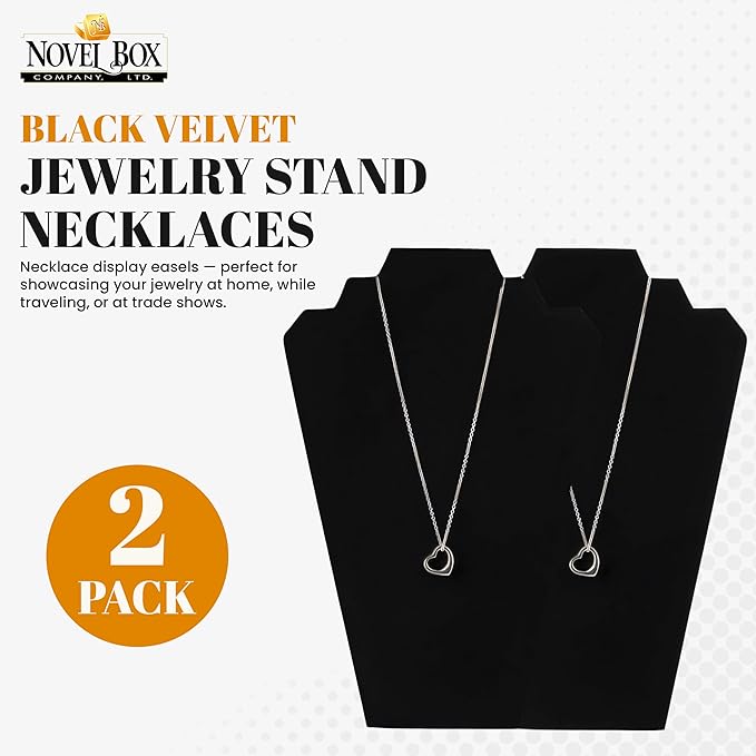 Novel Box 2 Pack Black Velvet Necklace Display Stands 8 1/4 W x 12 1/2 H Inches - Jewelry Stand Necklaces Organizer for Women - Elegant Necklace Easels for Craft Shows, Selling & Personal Use