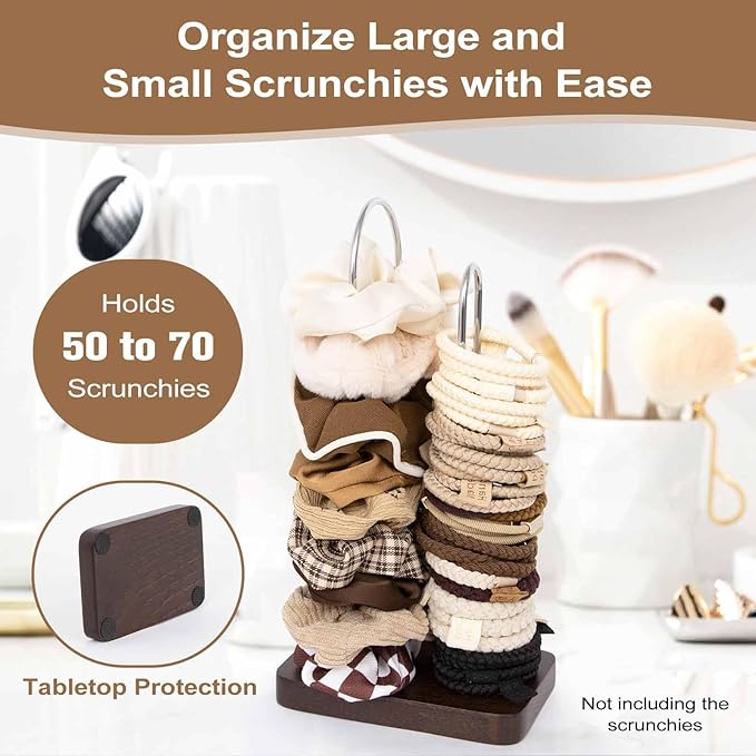 Scrunchine Holder Stand, 2 Tier Hair Tie Tower Hold 50~70 Scrunchies,Claw Clip Holder, Modern Fashion Hair Ties Organizer Storage for Girls, Women, Display(Walnut Color)