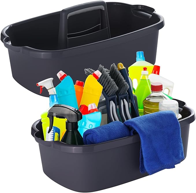 2-Pack Large Gray Cleaning Caddy for Cleaning Supplies with Handle - Portable Plastic Tote Organizer for Shower, Bathroom, Kitchen, Under Sink Storage