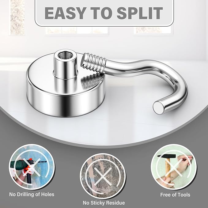 8 Pack Magnetic Hooks for Cruise Cabins, 25 LB Neodymium Magnets with Hooks, Heavy Duty Magnet Hooks for Hanging, Kitchen, Office, Towels, Curtains, Mug Holders (Silver)