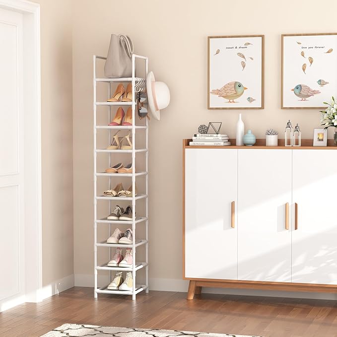 Tall Narrow Shoe Rack 10-Tier Skinny Shoe Shelf Storage for 10-15 Pairs Shoes and Boots, Space Saving Corner Shoe Rack Organizer for Closet, Entryway, Garage, Living Room,White