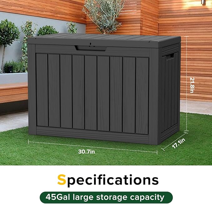 Outdoor Storage Box 45GAL Waterproof Resin Deck Box,UV-Resistant Lockable Package Delivery Bin for Garden Tools,Large Patio Outside Cushions,Pool Accessories Supplies,Chest,Furniture,Black