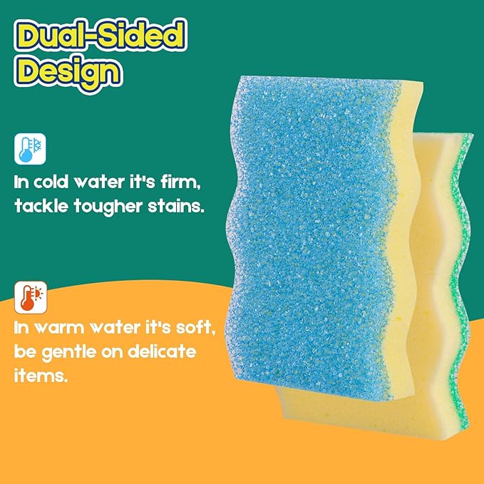 Scrub Sponge, 8 Pack Dual-Sided Temperature-Responsive Scrubber - Non-Scratch - Multipurpose Dish Sponges for Kitchens, Bathrooms, and Outdoor Use - Wave-Shaped