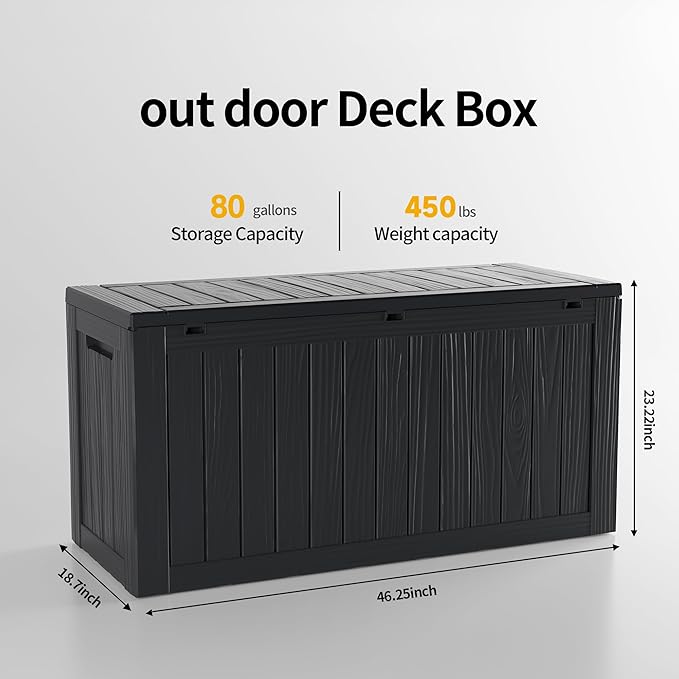 ROJIK Outdoor Storage Housing Deck Box - Waterproof Patio Furniture, Garden Tools, Cushions, Pool Accessories Storage Bench with Lockable Lid and Side Handles (Black 80 Gal)